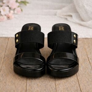 Lauren Ralph Lauren Size 7 Black Patent Leather Wedge Sandals Gold Rivets